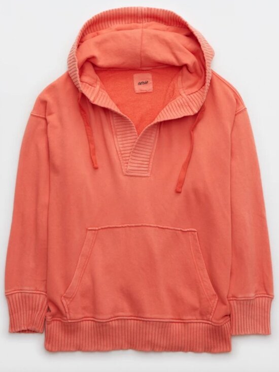 aerie Sweaters - Aerie Down-To-Earth Henley Oversized Hoodie Starburst Orange Size Small